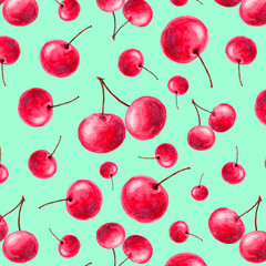 seamless pattern of pink cherries turquoise background watercolor