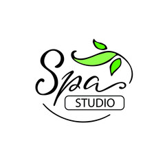 Spa studio. Black  Letters handwritten logo with a green floral element. Stylish logotype for the beauty business, spa salon. Vector illustration.Fashion.