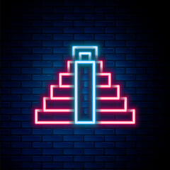 Glowing neon line Chichen Itza in Mayan icon isolated on brick wall background. Ancient Mayan pyramid. Famous monument of Mexico. Colorful outline concept. Vector