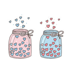 Blue and Pink Jars with cute Hearts. Doodle sketch. Love, Romantic and Valentine’s Day concept. Designs for greeting cards, print, web, wrapping paper or fabric template