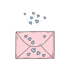 Mail envelope, Love letter with cute hearts. Doodle sketch isolated on white. Love, Romantic and Valentine’s Day concept. Designs for greeting cards, print, web, wrapping paper or fabric template
