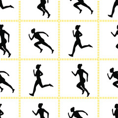 Vector seamless pattern. The contours of the girls in various poses of running are highlighted with yellow squares on a white isolated background. 