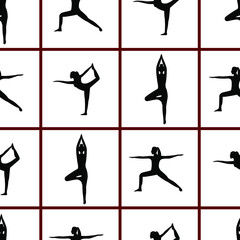 Vector seamless pattern. The contours of the girls in various yoga poses separated by red squares on a white isolated background. 