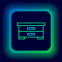Glowing neon line Hive for bees icon isolated on black background. Beehive symbol. Apiary and beekeeping. Sweet natural food. Colorful outline concept. Vector