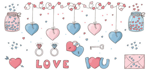 Set of Love, Romantic and Valentine’s Day items in doodle style. Romantic decoration elements for design, greeting card, posters, postcard. Trendy elements  isolated on white background