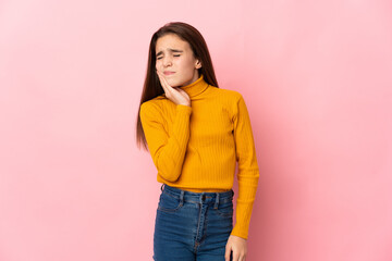 Little girl isolated on pink background with toothache