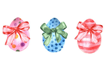 Watercolor Easter eggs with bows isolated on white