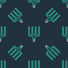 Line Garden pitchfork icon isolated seamless pattern on black background. Garden fork sign. Tool for horticulture, agriculture, farming. Vector