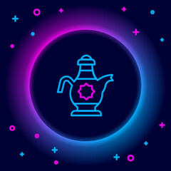 Glowing neon line Islamic teapot icon isolated on black background. Colorful outline concept. Vector
