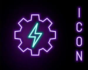 Glowing neon line Gear and lightning icon isolated on black background. Electric power. Lightning bolt sign. Colorful outline concept. Vector