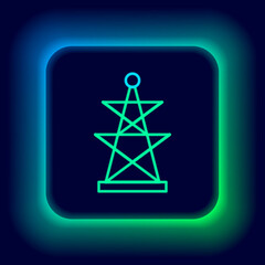 Glowing neon line Electric tower used to support an overhead power line icon isolated on black background. High voltage power pole line. Colorful outline concept. Vector