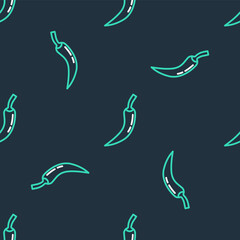 Fototapeta premium Line Hot chili pepper pod icon isolated seamless pattern on black background. Design for grocery, culinary products, seasoning and spice package, cooking book. Vector