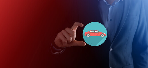 Digital composite of Man holding car icon.Car automobile insurance and car services concept....