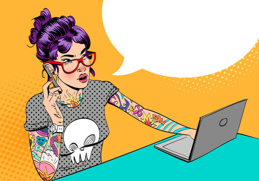 Woman with tattoos talking on the phone and working on the computer. Pop art comics retro design vector illustration.