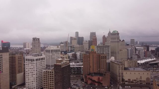 Russel Industrial Center in Detroit downtown, aerial ascend shot on moody day