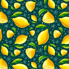 seamless pattern of lemons and their halves green background with simple doodles watercolor flowers