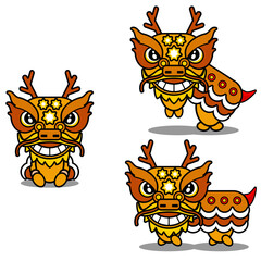 Chinese zodiac dragon animal mascot cartoon vector with lion dance head set bundle