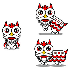 Chinese zodiac chicken animal mascot cartoon vector with lion dance head set bundle