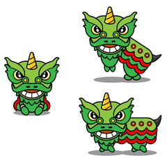 Chinese zodiac snake animal mascot cartoon vector with lion dance head set bundle