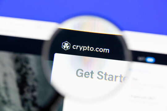 Ostersund, Sweden - Jan 20, 2022: Crypto.com  website under a magnifying glass. Crypto.com is a cryptocurrency exchange app based in Singapore.