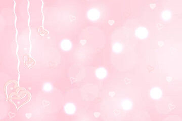 Abstract festive blur light pink pastel background with white pink hearts inside love bokeh for wedding card or Valentine day.  Romantic textured backdrop with space for your design. Card concept.