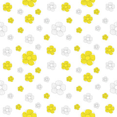 seamless pattern with outline flowers and yellow spots