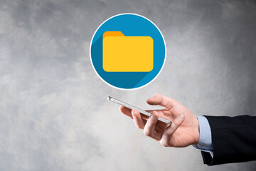 Businessman hold folder icon.Document Management System or DMS setup by IT consultant with modern...