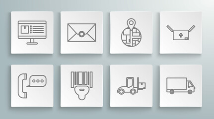 Set line Telephone with speech bubble chat, Scanner scanning bar code, Forklift truck, Delivery cargo vehicle, Cardboard box traffic symbol and Computer monitor app delivery tracking icon. Vector