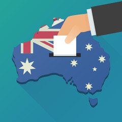 Hand dropping a ballot into a ballot box shaped like an Australia map in the colors of the Australian flag (flat design)