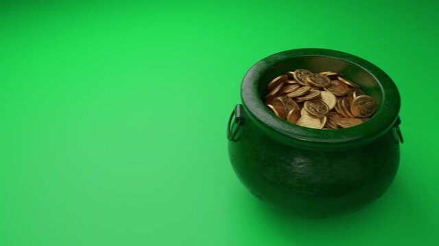 Saint Patrick’s day greeting animation. Pots full of golden coins dynamic motion, green colored background. Traditional Irish symbol of success, luck. Leprechaun’s gold. Celebrative 3D Render 4K clip