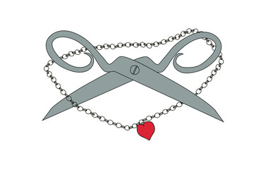 Romance in a relationship. Scissors cut a chain with a symbol of love. - 481574200