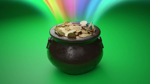 Saint Patrick’s day greeting. Pot full of golden coins dynamic rotation. Bright rainbow, green colored background. Traditional Irish symbol of success, luck. Leprechaun’s gold. Celebrative 3D Render