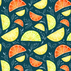 fruit seamless pattern of slices of lemons, oranges and limes on a dark green background with doodles