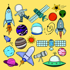Abstract hand drawn colorful Doodle Collection Aliens Ufo Planets Galaxy Space Logo Vector