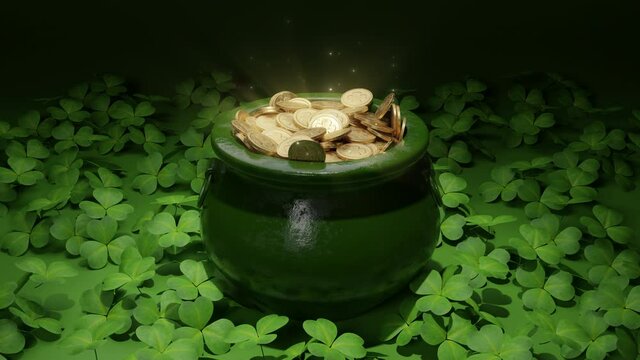 Saint Patrick’s day greeting animation. Pot full of golden coins, green clover leaves on ground. Traditional Irish symbol of success and luck. Leprechaun’s gold. Celebrative, festive 3D Render concept