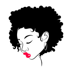 Illustration of afro girl. Black woman with stylized hairstyle. Dreads and afro braids for woman. Black and white illustration for a hairdrymaker.