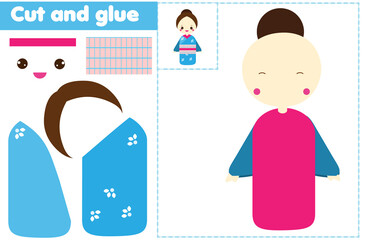 Cut and paste children educational game. Paper cutting activity. Make japanese kokeshi doll with glue and scissors. Stickers fun for toddlers