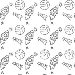 Obraz premium pattern with planets, a shooting star and a doodle-style rocket. Space, science. Vector