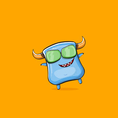 Vector cartoon funny blue monster with horn and sunglasses isolated on orange background. Smiling silly blue monster print sticker design template. Ghost, troll, gremlin, goblin, devil and monster