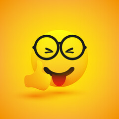 Smiling Cheering Amused Shiny Happy Young Male Emoji with Stuck Out Tongue and Glasses Showing Thumbs Up - Simple Emoticon on Yellow Background - Vector Design