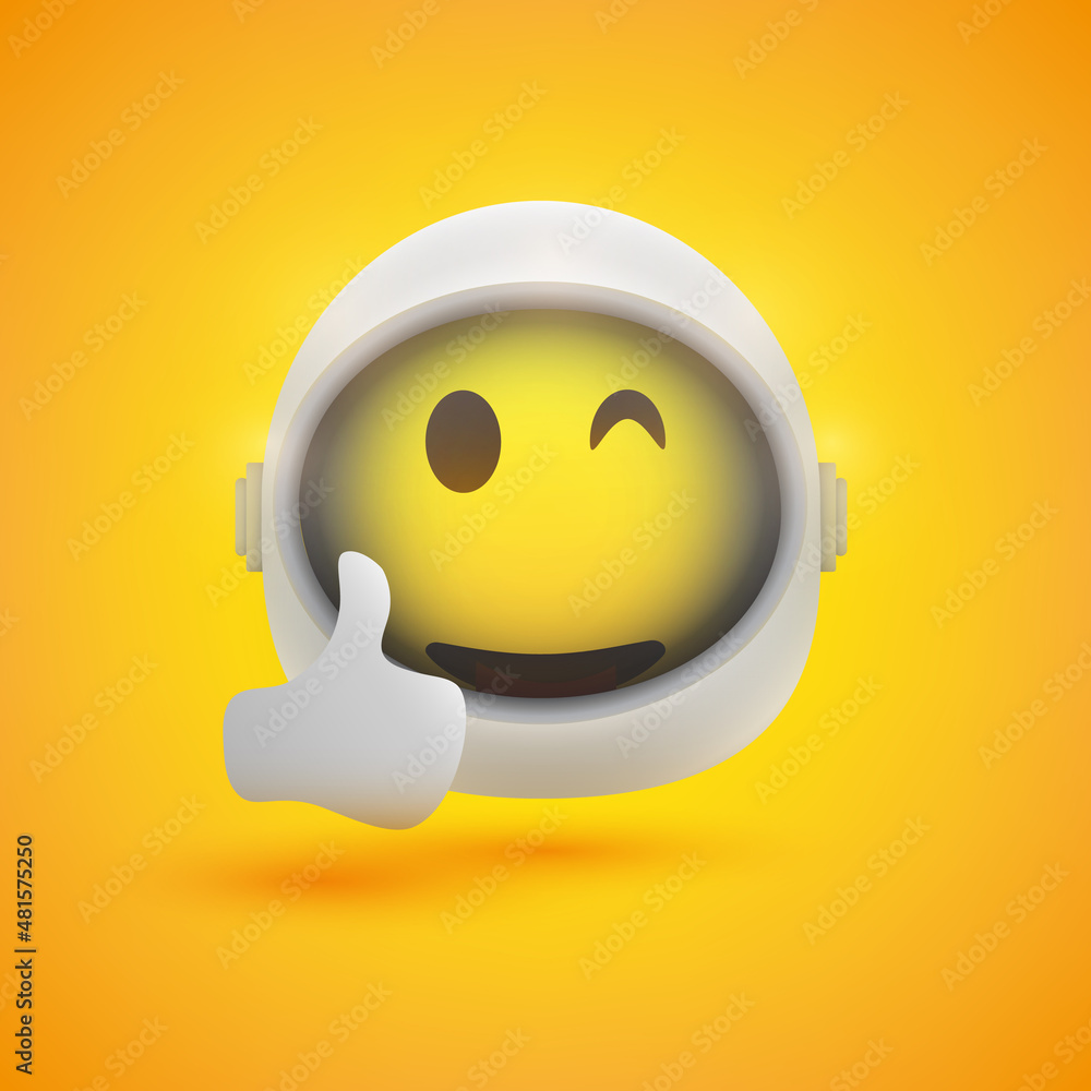 Poster smiling satisfied spaceman emoji with space helmet on showing thumbs up - emoticon on yellow backgro