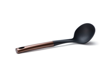 Kitchen Ladle Black Plastic Serving Spoon Isolated Over The White Background	