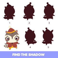 Shadow matching game. Kids activity with cartoon raccoon. silhouette fun page for toddlers