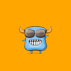 Vector cartoon funny blue monster with horn and sunglasses isolated on orange background. Smiling silly blue monster print sticker design template. Ghost, troll, gremlin, goblin, devil and monster