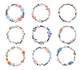 Set of cartoon floral frame. Collection of round frames with floral wreaths. Spring plants. Botany. Colorful illustration of floral arrangements for a wedding card.