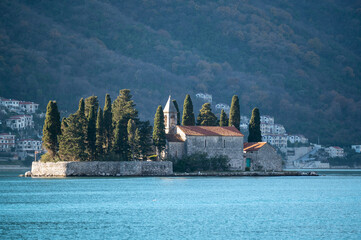 Fototapeta na wymiar Saint George Benedictian monastery and church on St. George island Ostrvo Sveti Dorde in Boka Kotor bay near Perast town