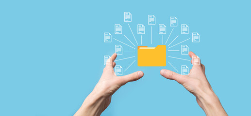 Document Management System DMS .Businessman hold folder and document icon.Software for archiving,...
