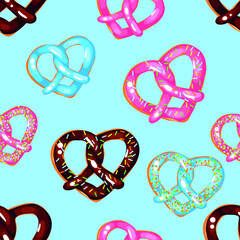 Pretzels hearts. St. Valentine day. Seamless pattern. Love. Food. Perfect for greetings, invitations, manufacture wrapping paper, textile and web design. Vector pattern. Seamless vector pattern.