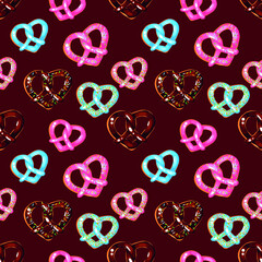 Pretzels hearts. St. Valentine day. Seamless pattern. Love. Food. Perfect for greetings, invitations, manufacture wrapping paper, textile and web design. Vector pattern. Seamless vector pattern.