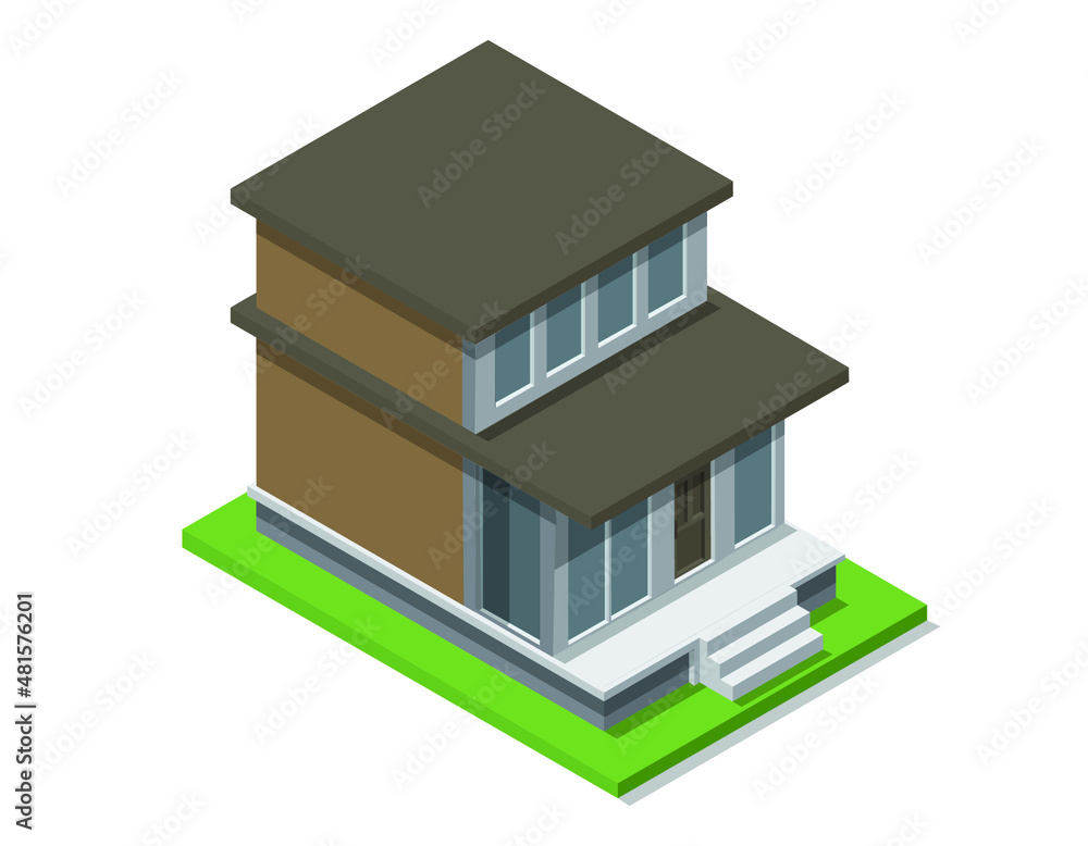 Wall mural isometric house modern design miniature vector. building with a pool on roof, minimalistic architect